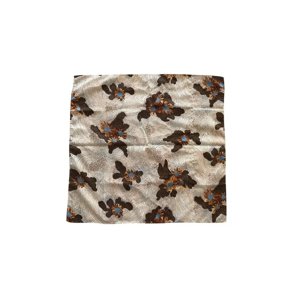 Vintage Brown & Blue Floral Polyester Scarf Flowers Polka Dots Square 21.5in